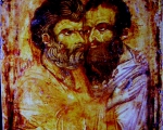 Grčki ili srpski (primorski) majstor: Grljenje apostola Petra i Pavla XIV - XV v, tempera na dasci, 30 X 24 X 2,6 cm